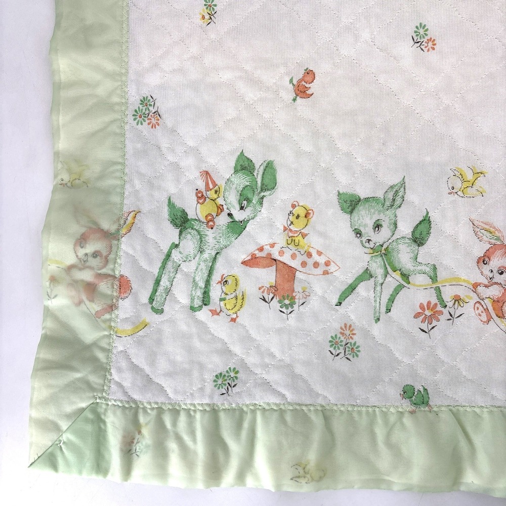 Vintage 70s Acrylic Baby Blanket Satin Trim Woodland Mushrooms Dear Bunny Chick - Picture 2 of 16